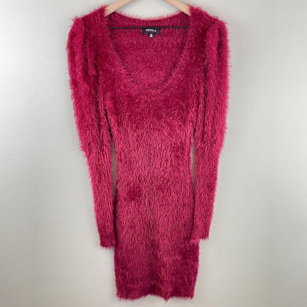 4Si3nna red mini fuzzy puff sleeve sweater dress M - Picture 3 of 13
